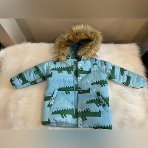 Hugo Loves Tiki Children's Blue Crocodile Puffer Jacket with Faux Fur Hood 2T